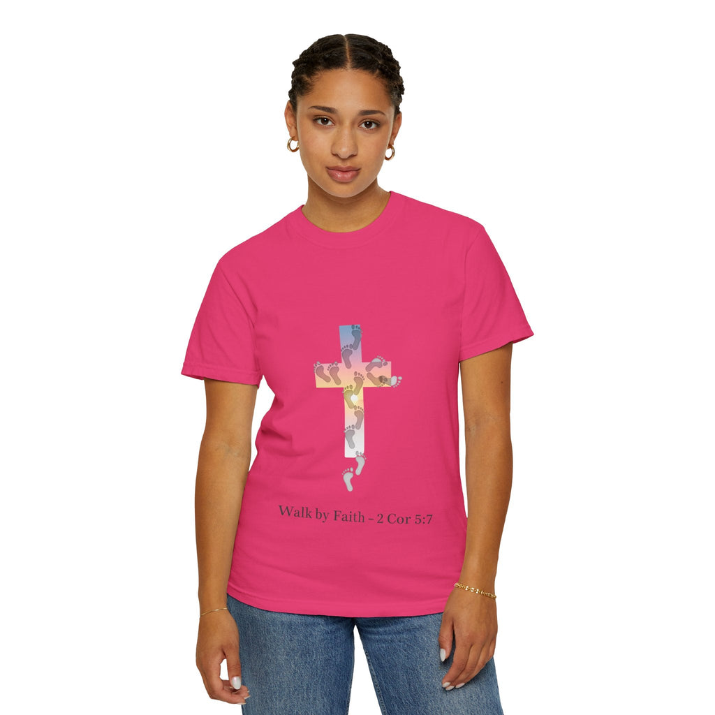 Walk by Faith T-Shirt – Cross & Footprints Christian Tee for Bold Believers Printify