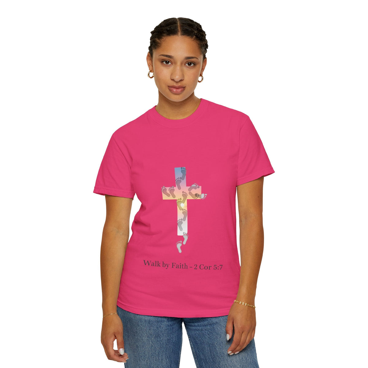 Walk by Faith T-Shirt – Cross & Footprints Christian Tee for Bold Believers Printify