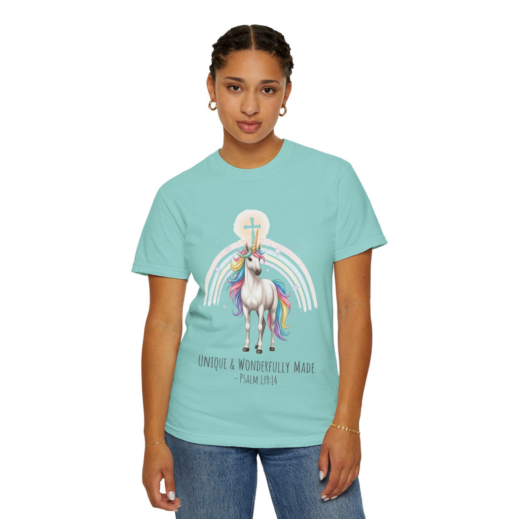 Unique Unicorn Christian T-Shirt – Wonderfully Made with Rainbow Cross & Psalm 139:14 Printify