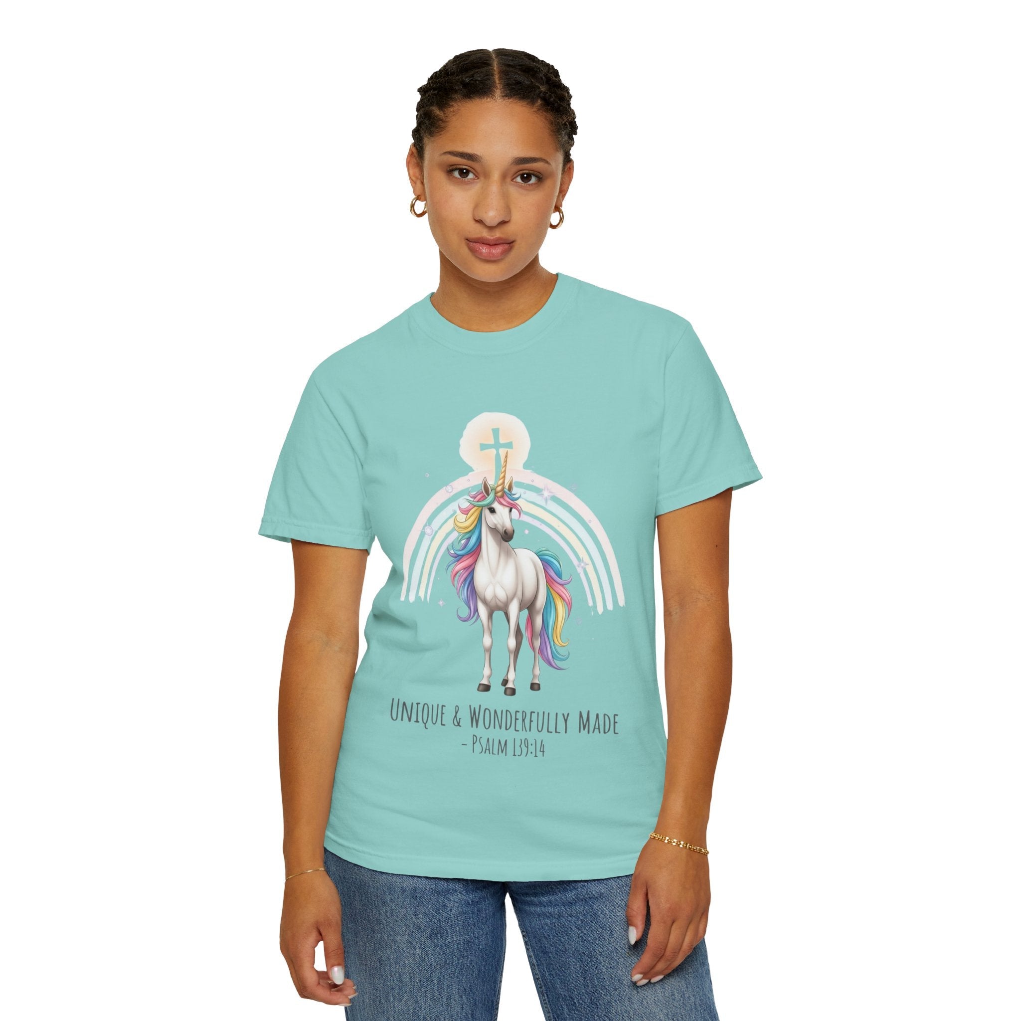 Unique Unicorn Christian T-Shirt – Wonderfully Made with Rainbow Cross & Psalm 139:14 Printify
