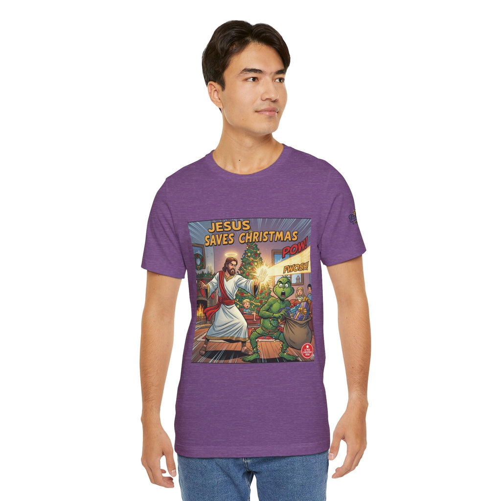 Jesus Saves Christmas T-shirt – Grinch vs Savior Light Battle Christian T-shirt for Hilarious Holiday Faith & True Joy Printify
