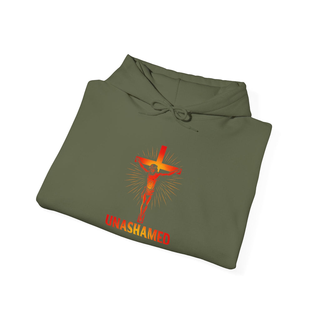 Unashamed Hoodie – Romans 1:16 Crucifixion Christian Sweatshirt for Bold Unwavering Faith Printify