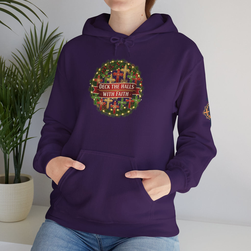 🎄 Deck the Halls with Faith – Christian Christmas Hoodie | Cross Ornament Design & Festive Garland | Bold Holiday Faith Tee by Uplifted Gear Printify