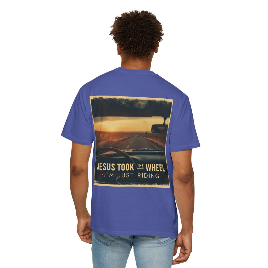Jesus Took the Wheel I'm Just Riding T-shirt – Funny Christian Convertible Car T-shirt for Surrendered Faith & Humor Printify