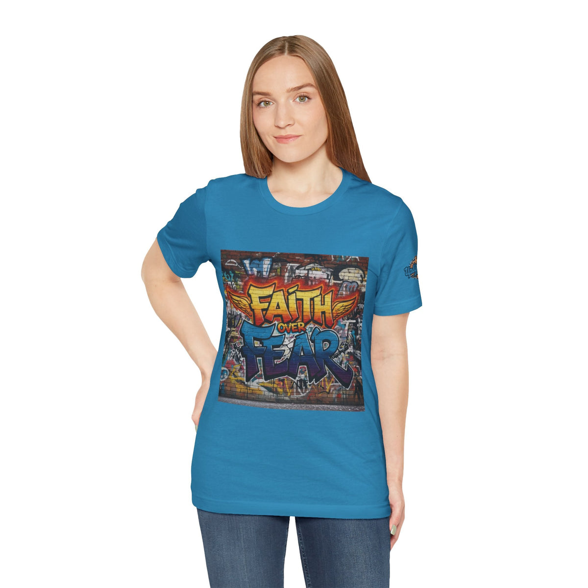 Faith Over Fear T-shirt – Graffiti Wall Christian T-shirt for Bold 2 Corinthians 5:7 Streetwear & Unshakable Faith Printify