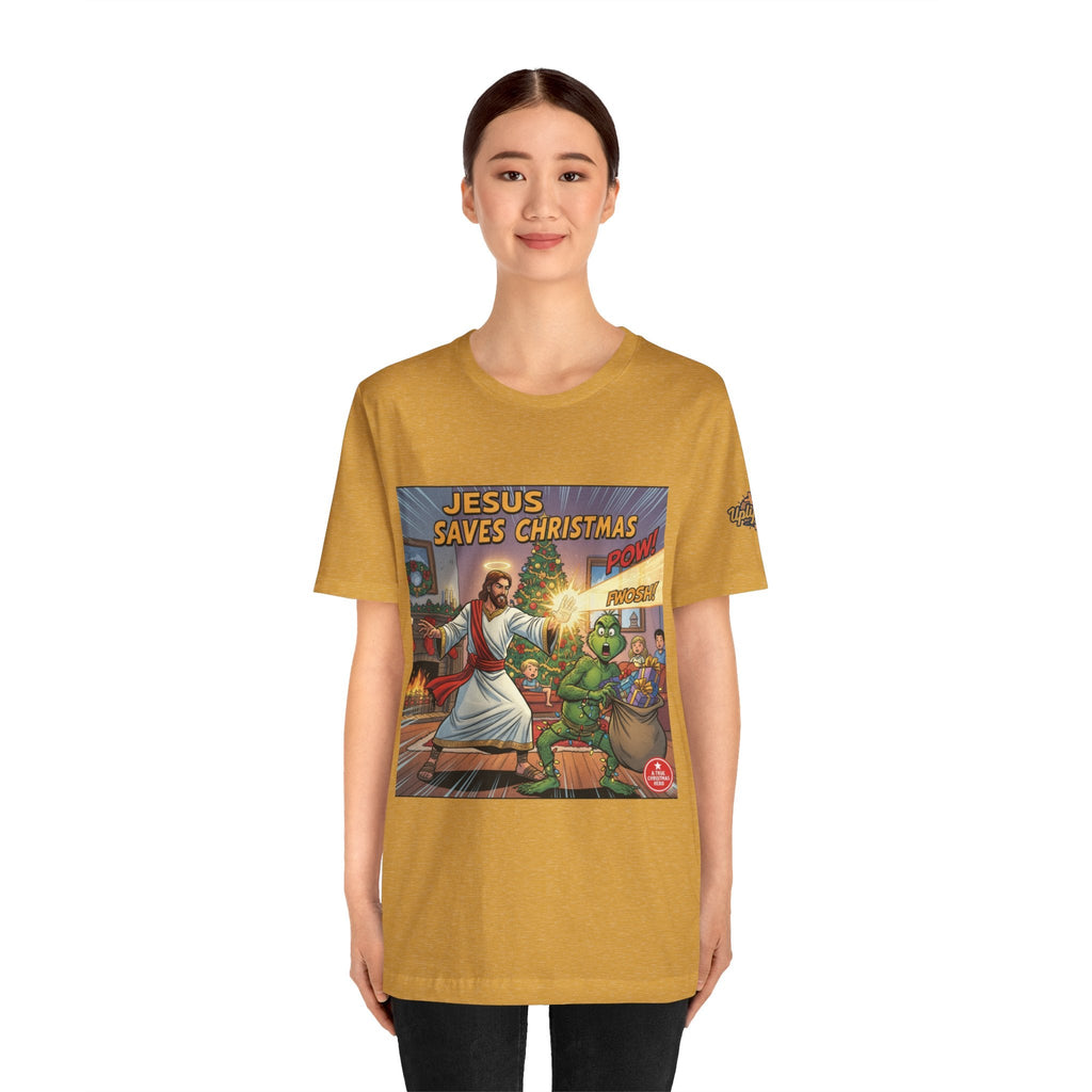 Jesus Saves Christmas T-shirt – Grinch vs Savior Light Battle Christian T-shirt for Hilarious Holiday Faith & True Joy Printify
