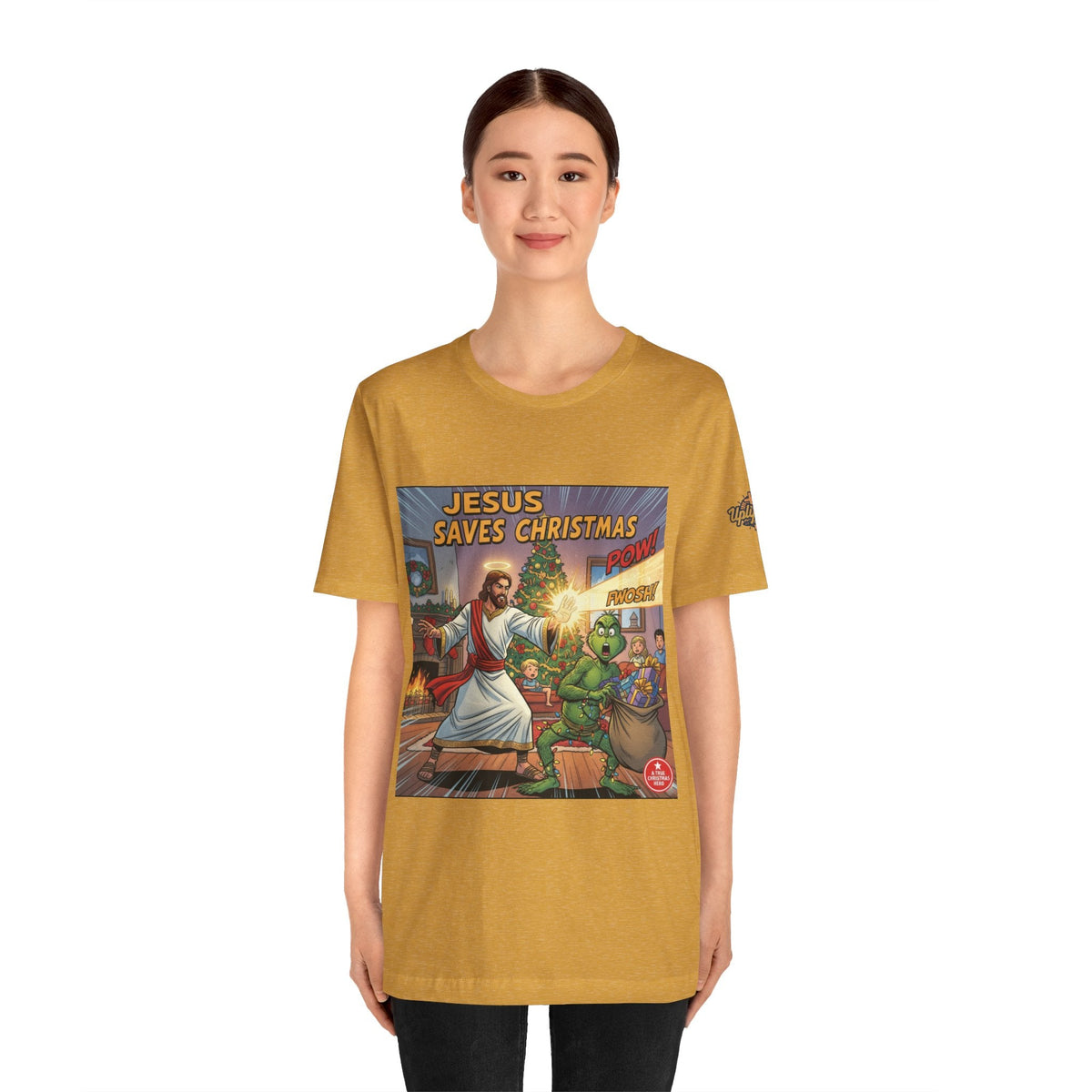 Jesus Saves Christmas T-shirt – Grinch vs Savior Light Battle Christian T-shirt for Hilarious Holiday Faith & True Joy Printify