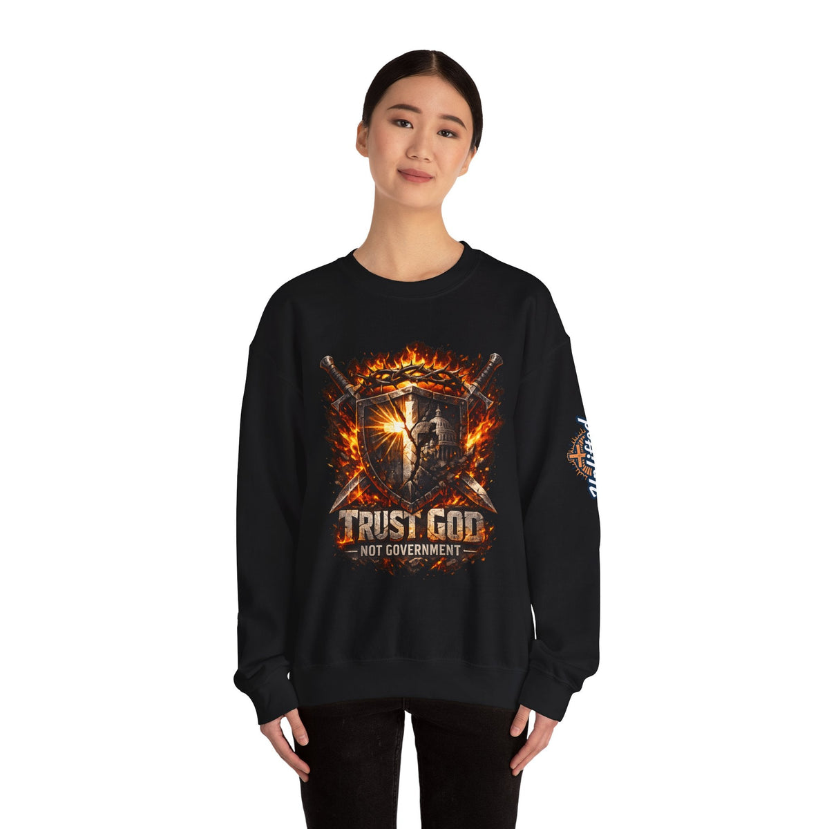 Trust God Not Government Shield Sweatshirt — Patriotic Christian Faith Sweatshirt Printify