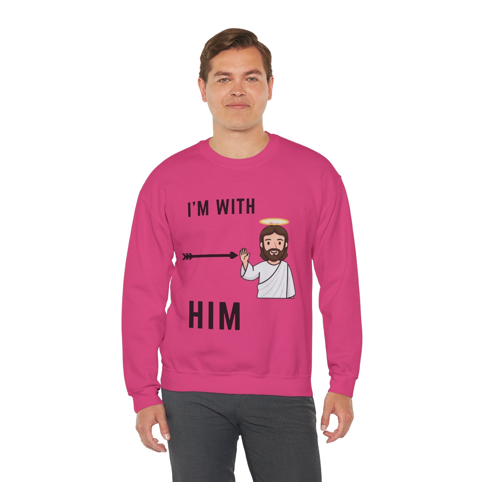 🔥 I’m With Him → Christian Sweatshirt | Arrow Pointing to Jesus | Minimalist Faith Tee | Subtle Cross Design | Bible-Inspired Apparel by Uplifted Gear Printify