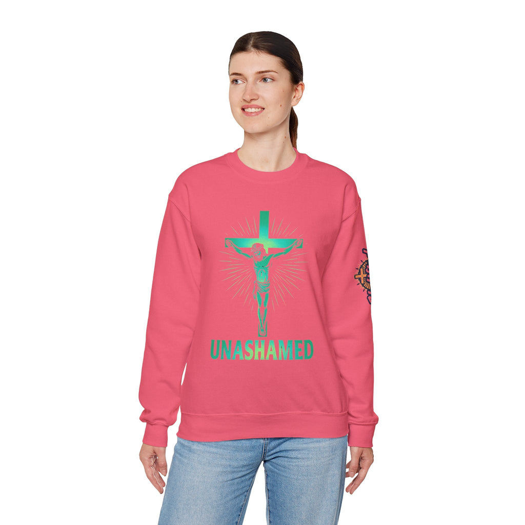 Unashamed Sweatshirt – Romans 1:16 Crucifixion Christian Sweatshirt for Bold Unwavering Faith Printify