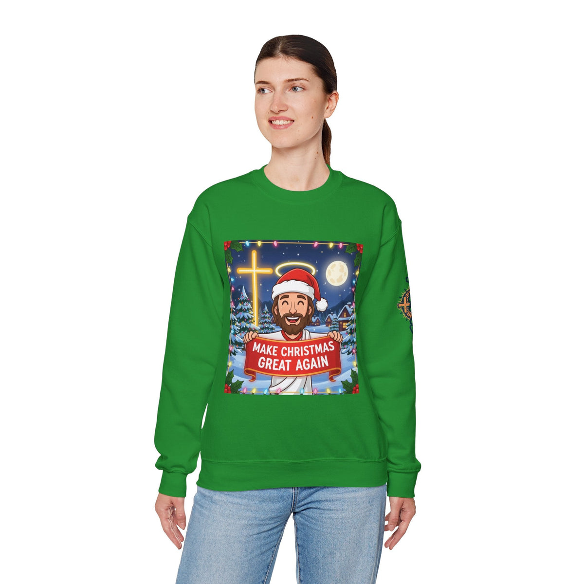 🎄 Make Christmas Great Again – Funny Christian Sweatshirt | Jesus Holding Banner | Faith-Based Holiday Parody Tee | Uplifted Gear Printify