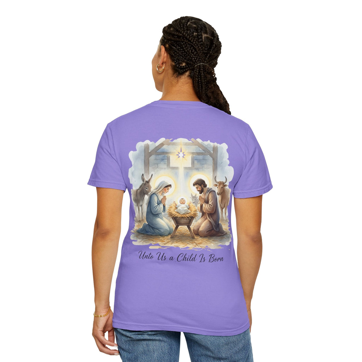 Unto Us a Child is Born T-shirt – Isaiah 9:6 Nativity Manger Scene Christian Christmas T-shirt for Holy Night Faith Printify