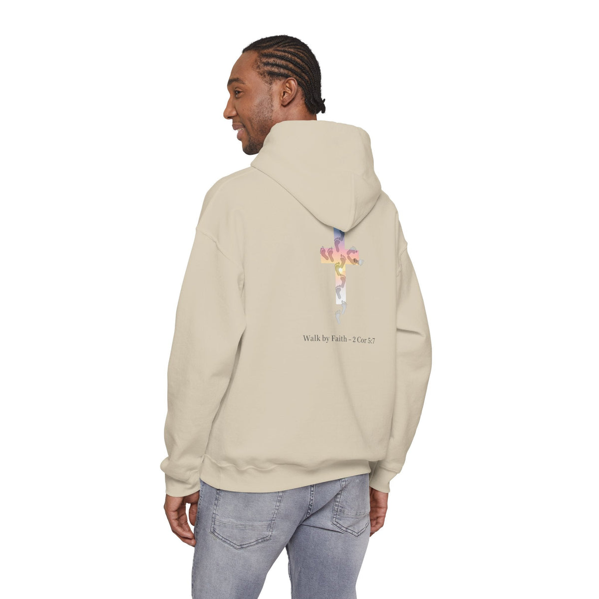 Walk by Faith Hoodie – Cross & Footprints Christian Hoodie for Cozy Inspiration Printify