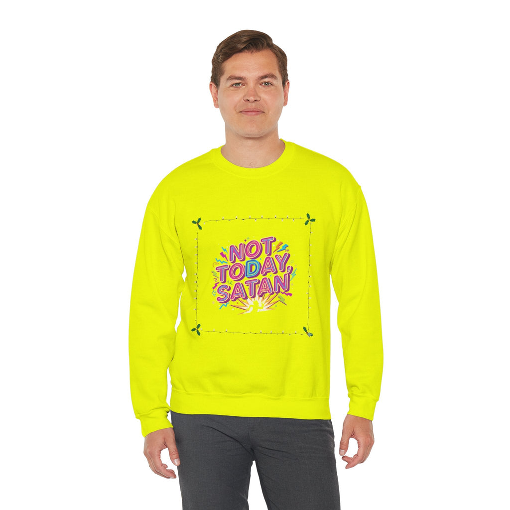 🔥 Not Today, Satan – Retro 90s Christian Sweatshirt | Neon Faith Tee | Funky Cartoon Devil | Bold Bible Verse Shirt | Uplifted Gear Printify