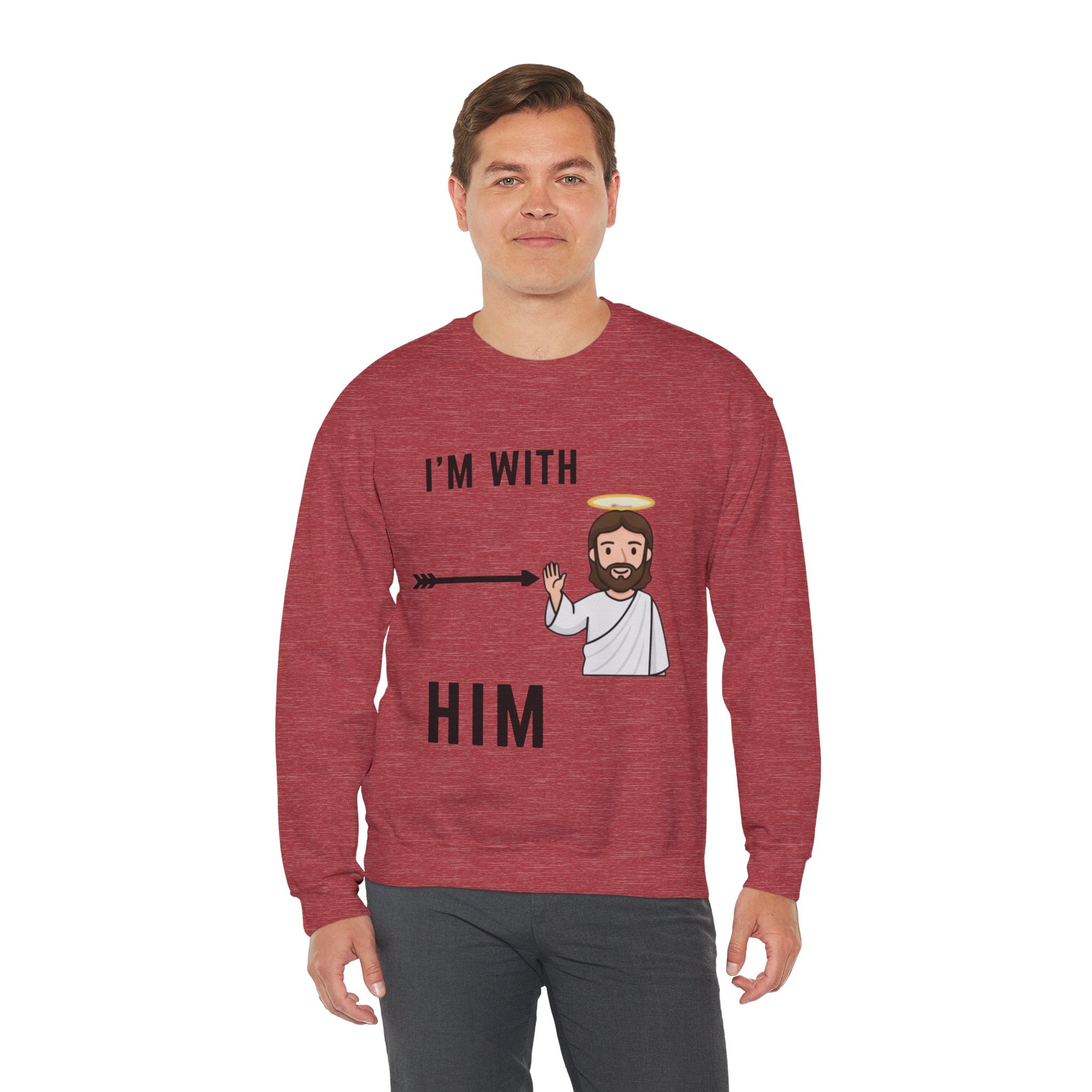 🔥 I’m With Him → Christian Sweatshirt | Arrow Pointing to Jesus | Minimalist Faith Tee | Subtle Cross Design | Bible-Inspired Apparel by Uplifted Gear Printify