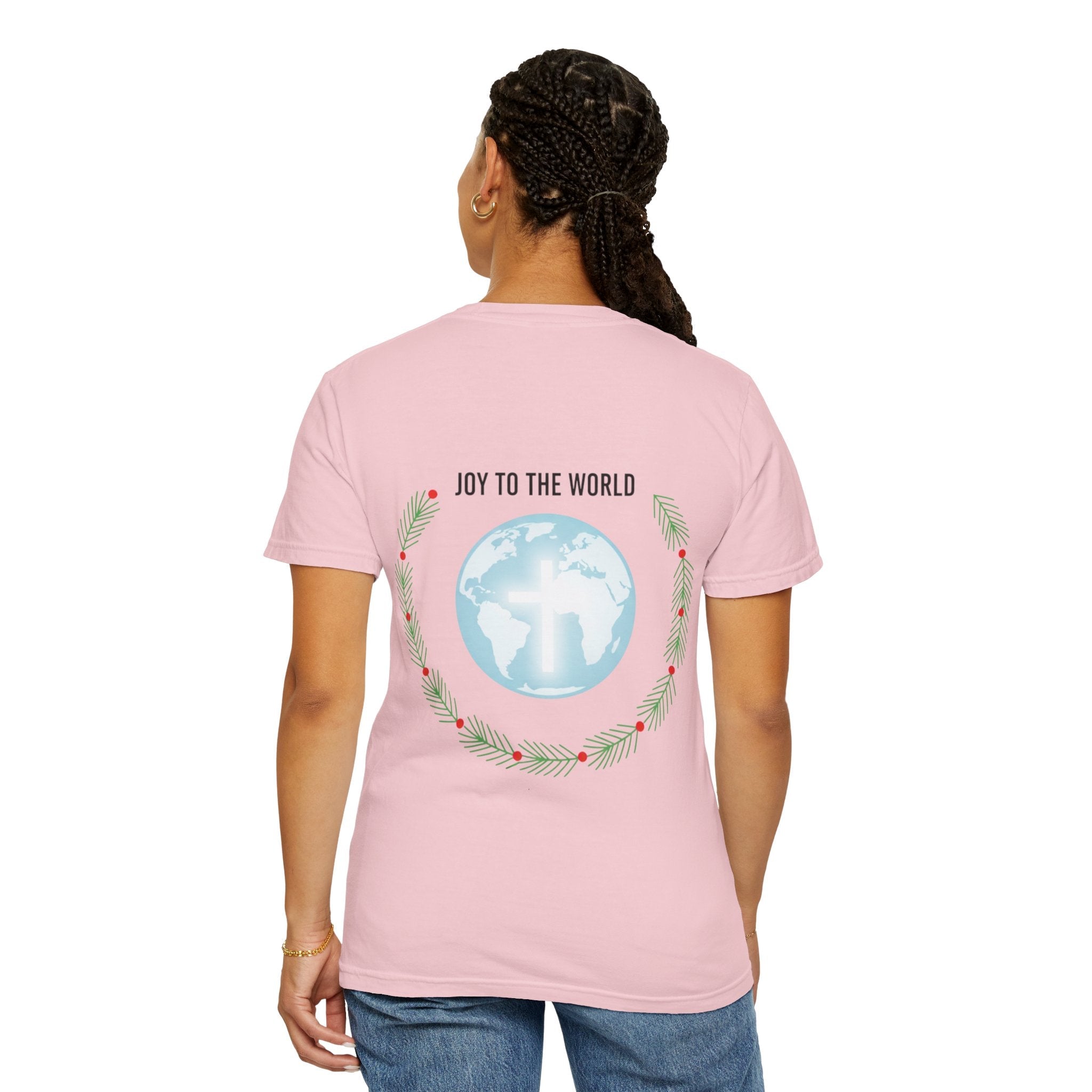Joy to the World T-shirt – Wreath Earth Nativity Christian Christmas T-shirt for Isaiah 9:6 Holiday Faith & Festive Joy Printify