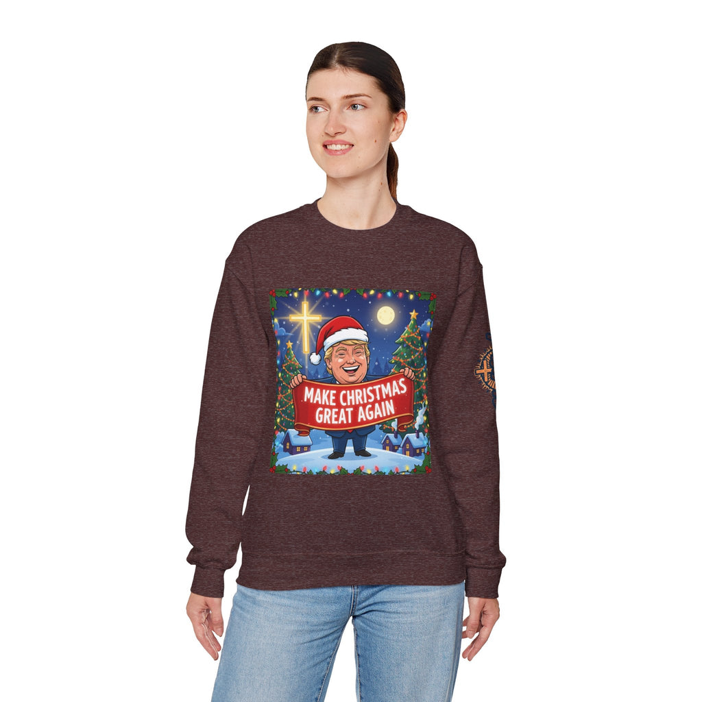 🎄 Make Christmas Great Again – Patriotic Christian Christmas Sweatshirt | Bold Holiday Faith Tee | Red & White Banner Design | Uplifted Gear Printify