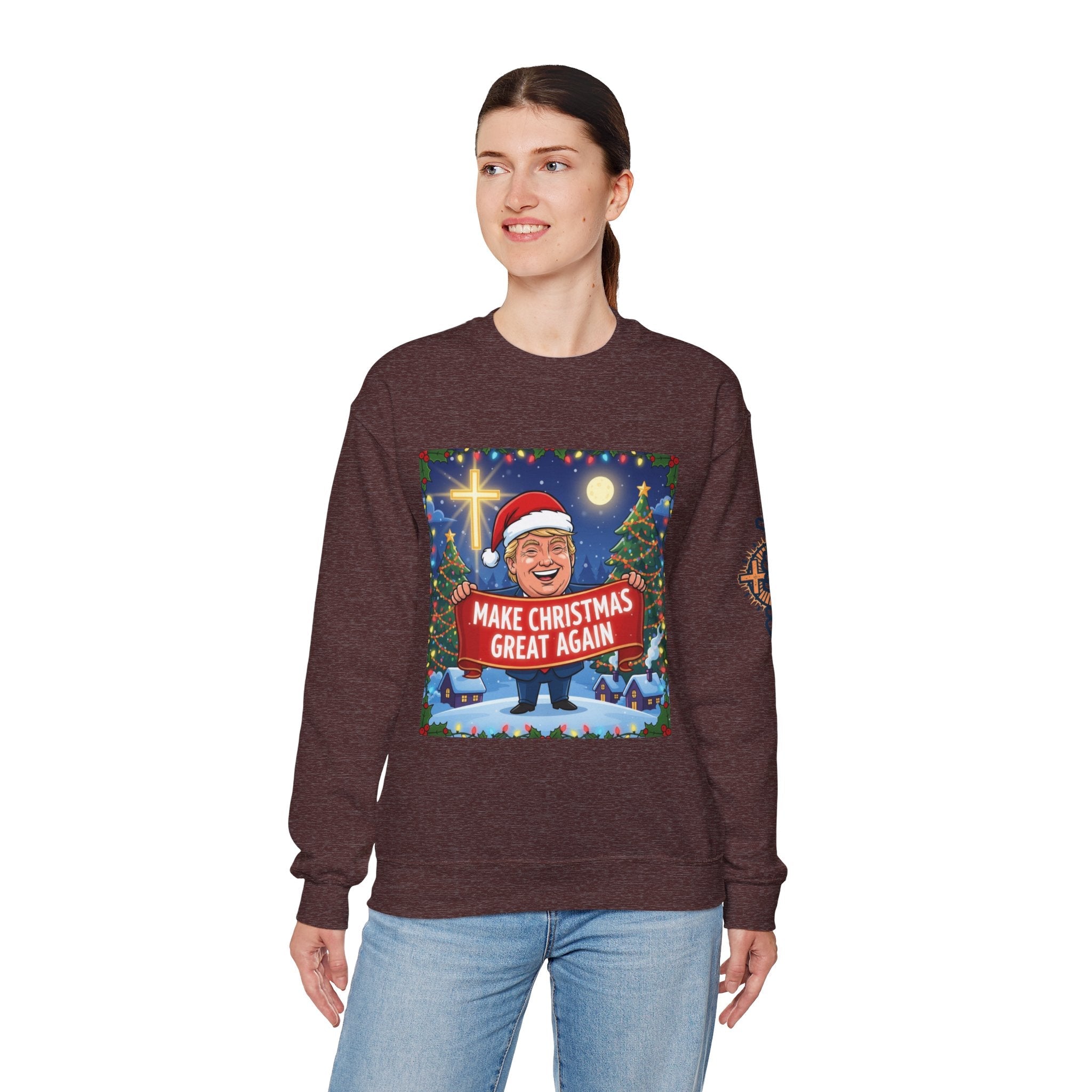 🎄 Make Christmas Great Again – Patriotic Christian Christmas Sweatshirt | Bold Holiday Faith Tee | Red & White Banner Design | Uplifted Gear Printify