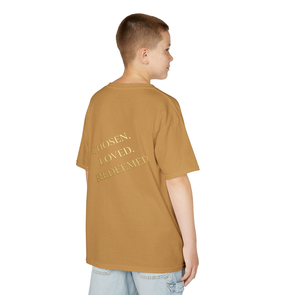 ✨ Chosen. Loved. Redeemed. – Elegant Christian Kids T-Shirt | Gold Foil Faith Tee | Subtle Cross & Heart Design | Inspirational Bible Verse Apparel by Uplifted Gear Printify