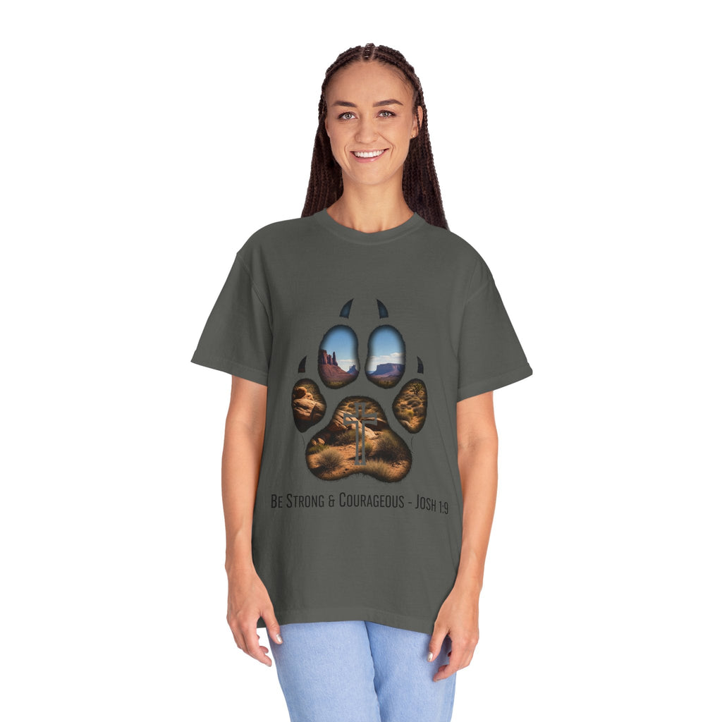 Strong and Courageous T-Shirt – Canine Pawprint Desert Joshua 1:9 Christian Tee Printify