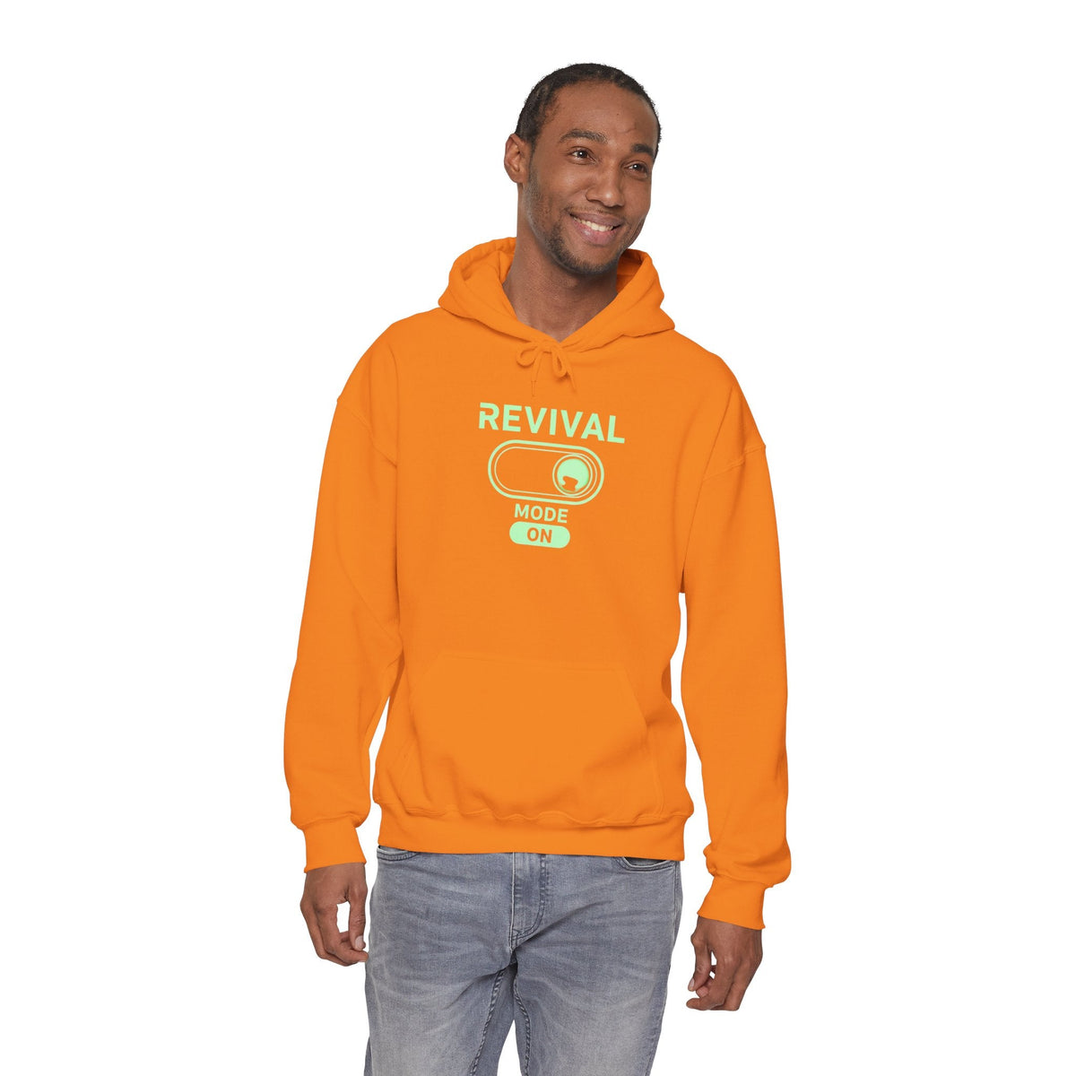 🔥 Revival Mode: ON – Christian Techwear Hoodie | Glowing Green Faith Switch | Futuristic Jesus Shirt | Activate Your Spiritual Awakening | Uplifted Gear Printify