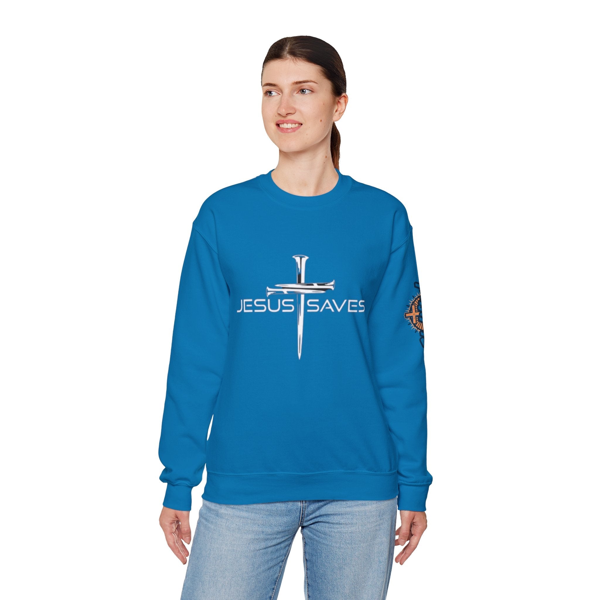 Jesus Saves Sweatshirt – 3 Nails Crucifix Cross Christian Sweatshirt for Redemption Faith & Bold Salvation Printify