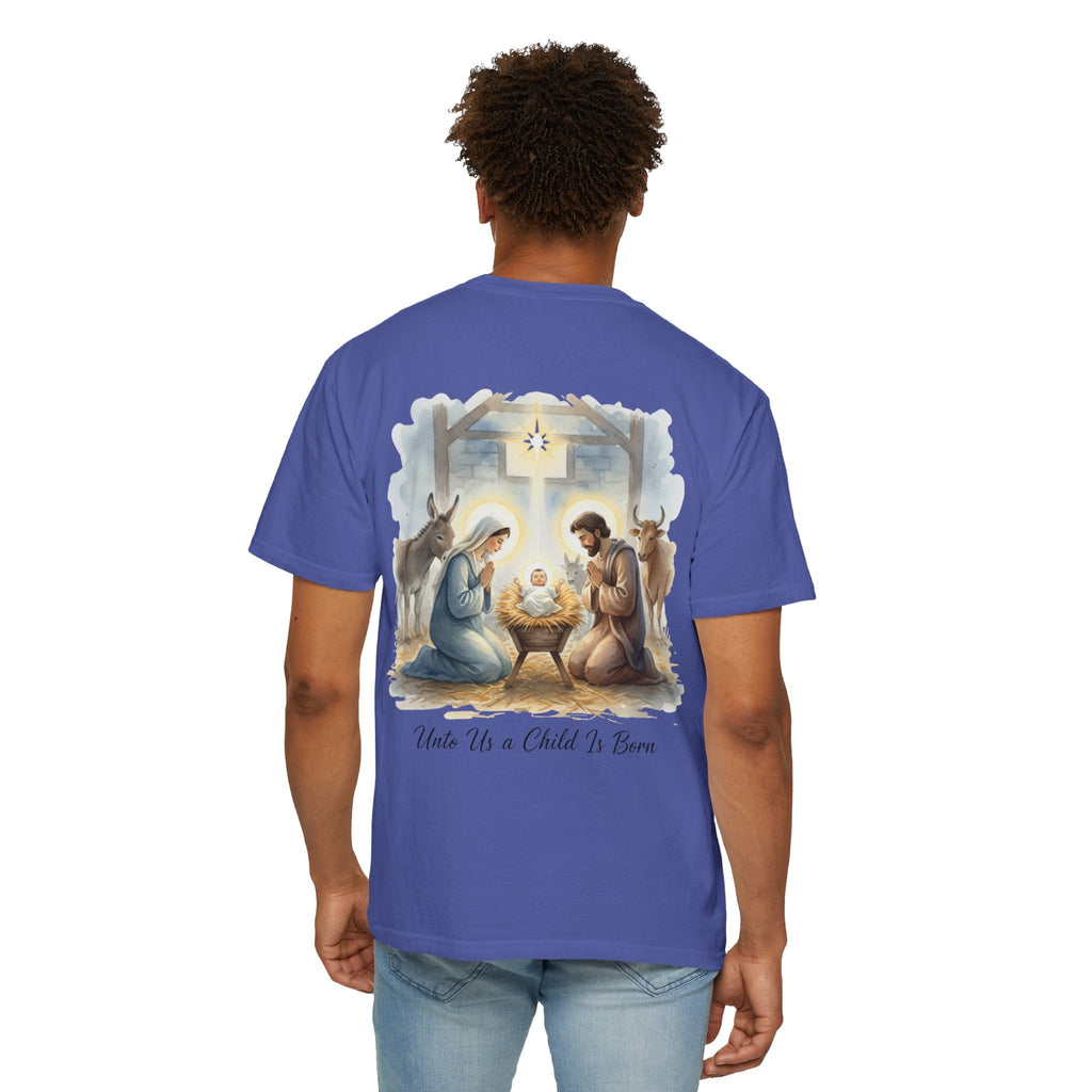 Unto Us a Child is Born T-shirt – Isaiah 9:6 Nativity Manger Scene Christian Christmas T-shirt for Holy Night Faith Printify