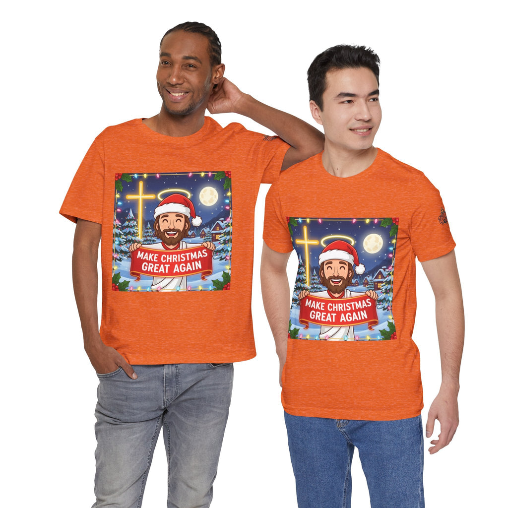 🎄 Make Christmas Great Again – Funny Christian T-Shirt | Jesus Holding Banner | Faith-Based Holiday Parody Tee | Uplifted Gear Printify