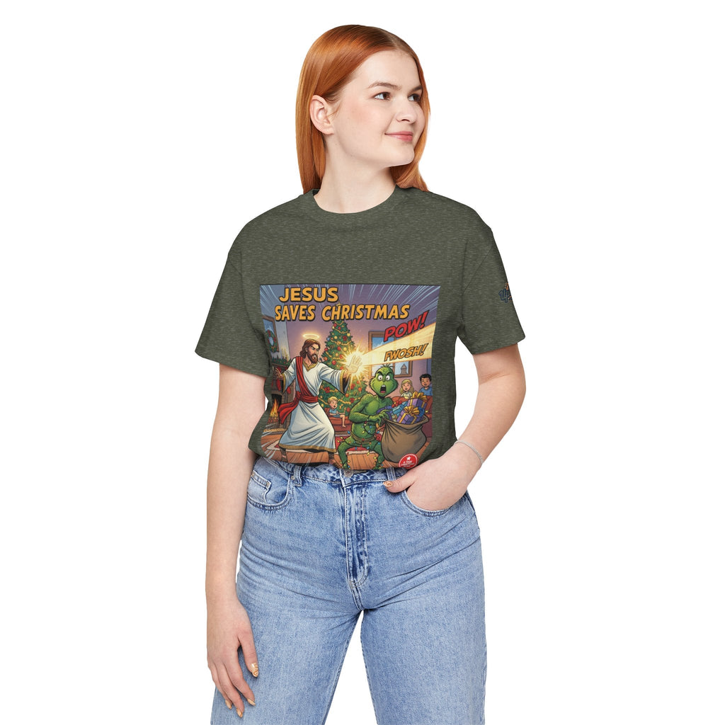 Jesus Saves Christmas T-shirt – Grinch vs Savior Light Battle Christian T-shirt for Hilarious Holiday Faith & True Joy Printify