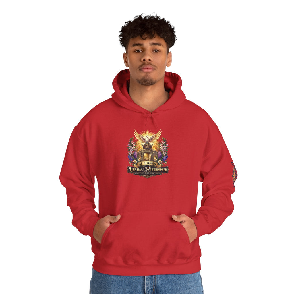 He Is Risen "Life Has Triumphed" Hoodie — Easter Resurrection Christian Hoodie Printify