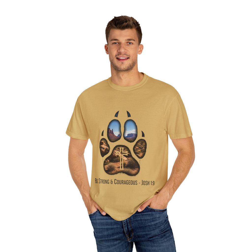 Strong and Courageous T-Shirt – Canine Pawprint Desert Joshua 1:9 Christian Tee Printify