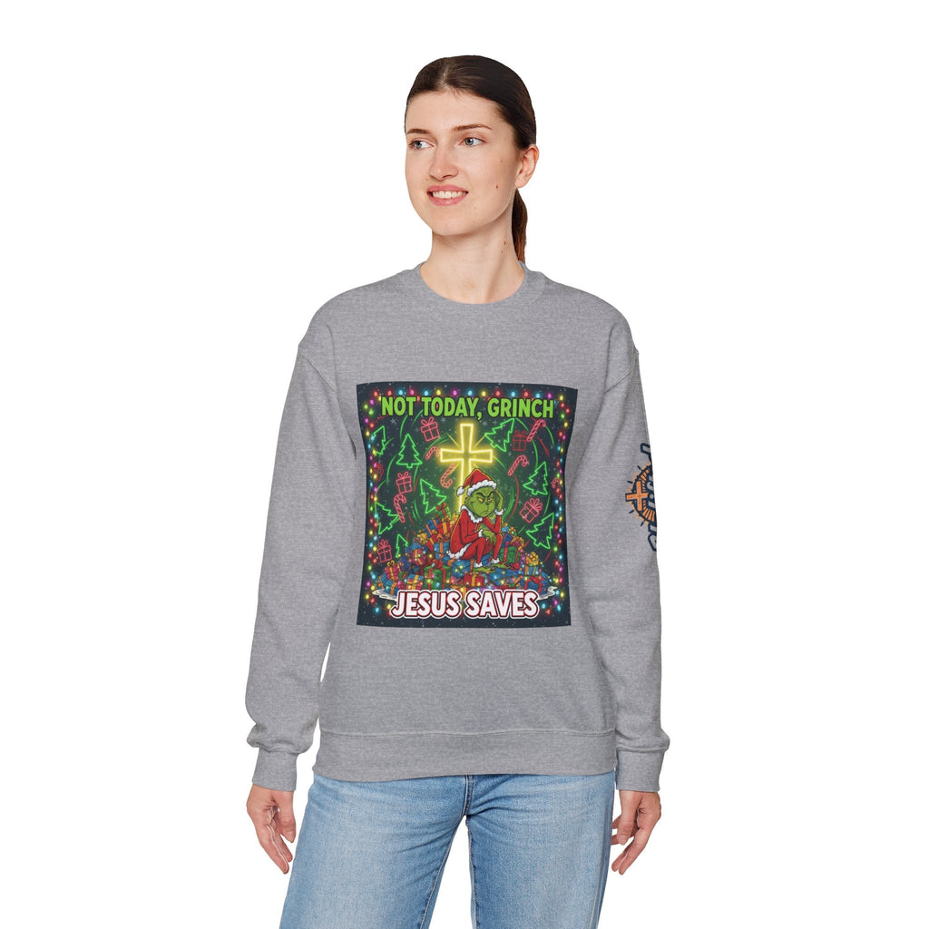 🎄 Not Today, Grinch – Jesus Saves | Funny Christian Christmas Sweatshirt | Festive Green & Red Cartoon Style | Bold Faith Holiday Tee by Uplifted Gear Printify