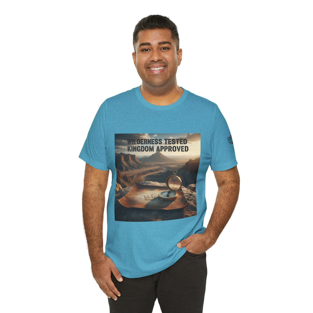 Wilderness Tested Kingdom Approved T-shirt – Mountain Desert Compass Crown Christian T-shirt for Biblical Adventure Faith Printify
