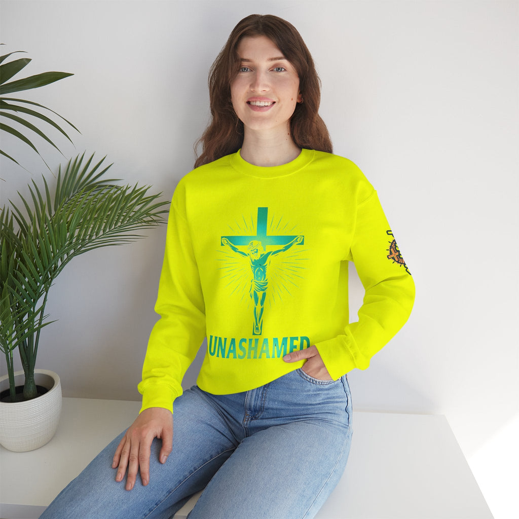 Unashamed Sweatshirt – Romans 1:16 Crucifixion Christian Sweatshirt for Bold Unwavering Faith Printify
