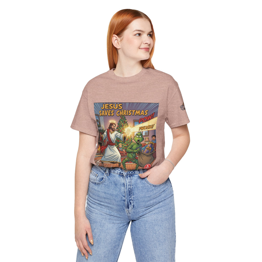 Jesus Saves Christmas T-shirt – Grinch vs Savior Light Battle Christian T-shirt for Hilarious Holiday Faith & True Joy Printify