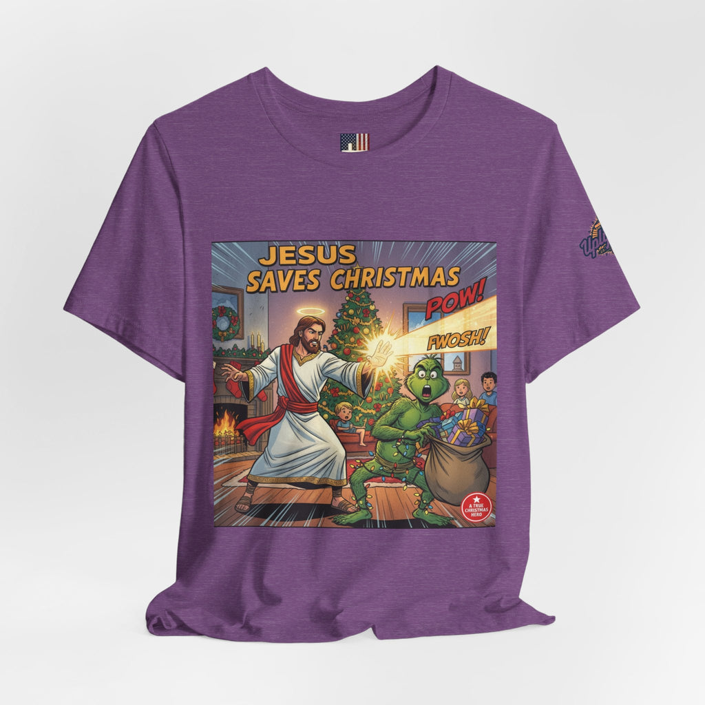 Jesus Saves Christmas T-shirt – Grinch vs Savior Light Battle Christian T-shirt for Hilarious Holiday Faith & True Joy Printify