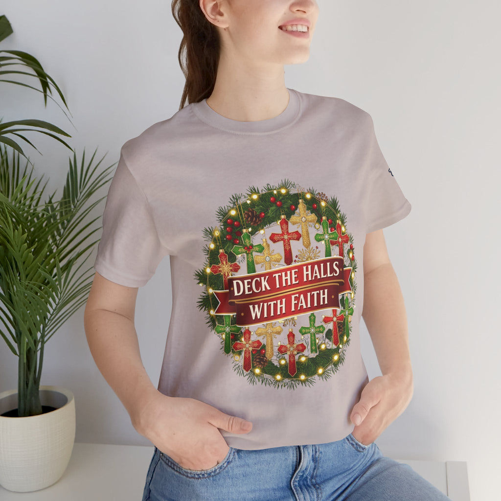 🎄 Deck the Halls with Faith – Christian Christmas T-Shirt | Cross Ornament Design & Festive Garland | Bold Holiday Faith Tee by Uplifted Gear Printify