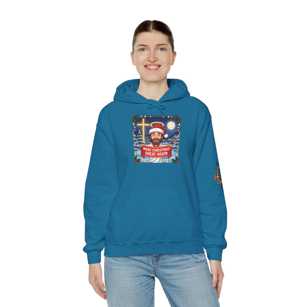 🎄 Make Christmas Great Again – Funny Christian Hoodie | Jesus Holding Banner | Faith-Based Holiday Parody Tee | Uplifted Gear Printify