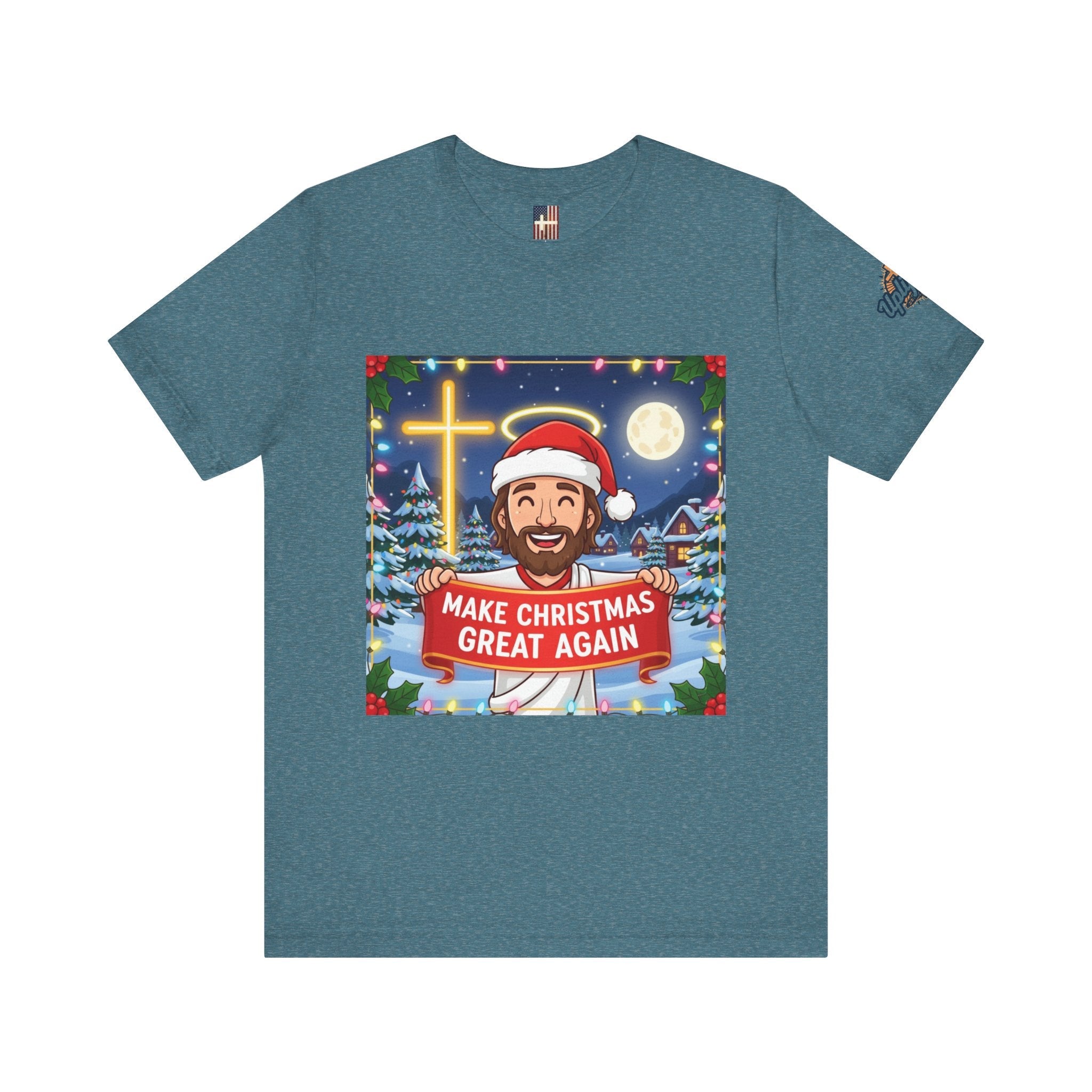 🎄 Make Christmas Great Again – Funny Christian T-Shirt | Jesus Holding Banner | Faith-Based Holiday Parody Tee | Uplifted Gear Printify