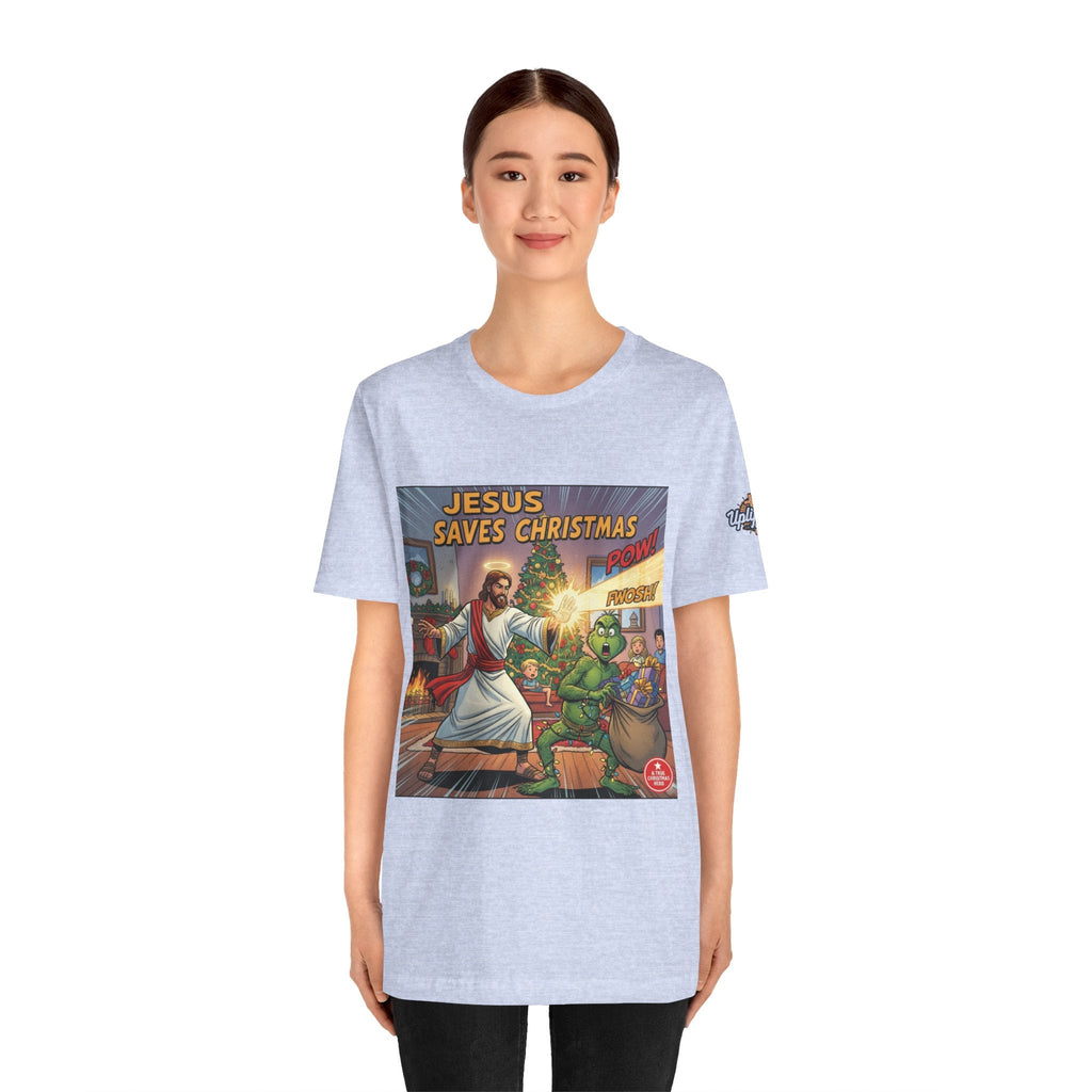 Jesus Saves Christmas T-shirt – Grinch vs Savior Light Battle Christian T-shirt for Hilarious Holiday Faith & True Joy Printify