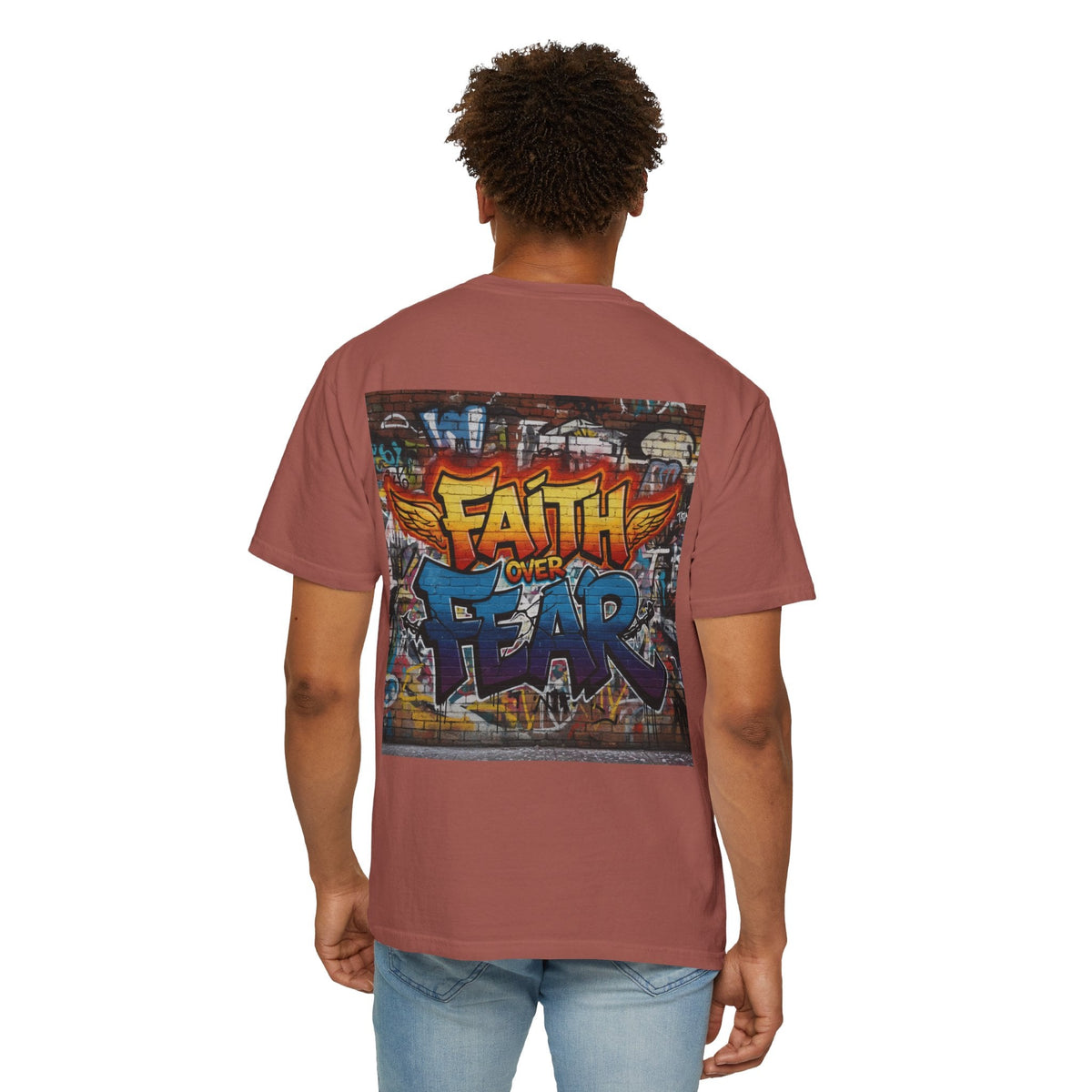 Faith Over Fear T-shirt – Graffiti Wall Christian T-shirt for Bold 2 Corinthians 5:7 Streetwear & Unshakable Faith Printify