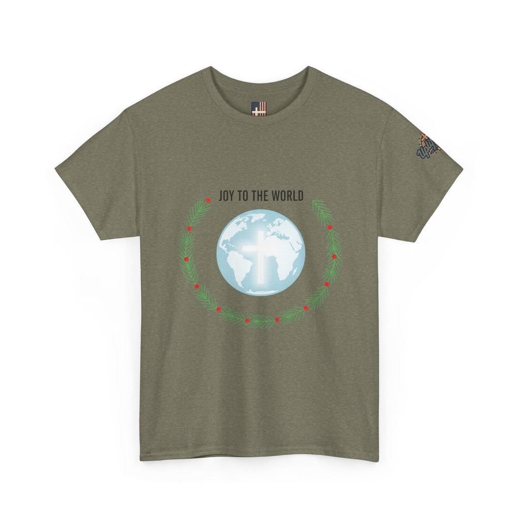 Joy to the World T-shirt – Wreath Earth Nativity Christian Christmas T-shirt for Isaiah 9:6 Holiday Faith & Festive Joy Printify