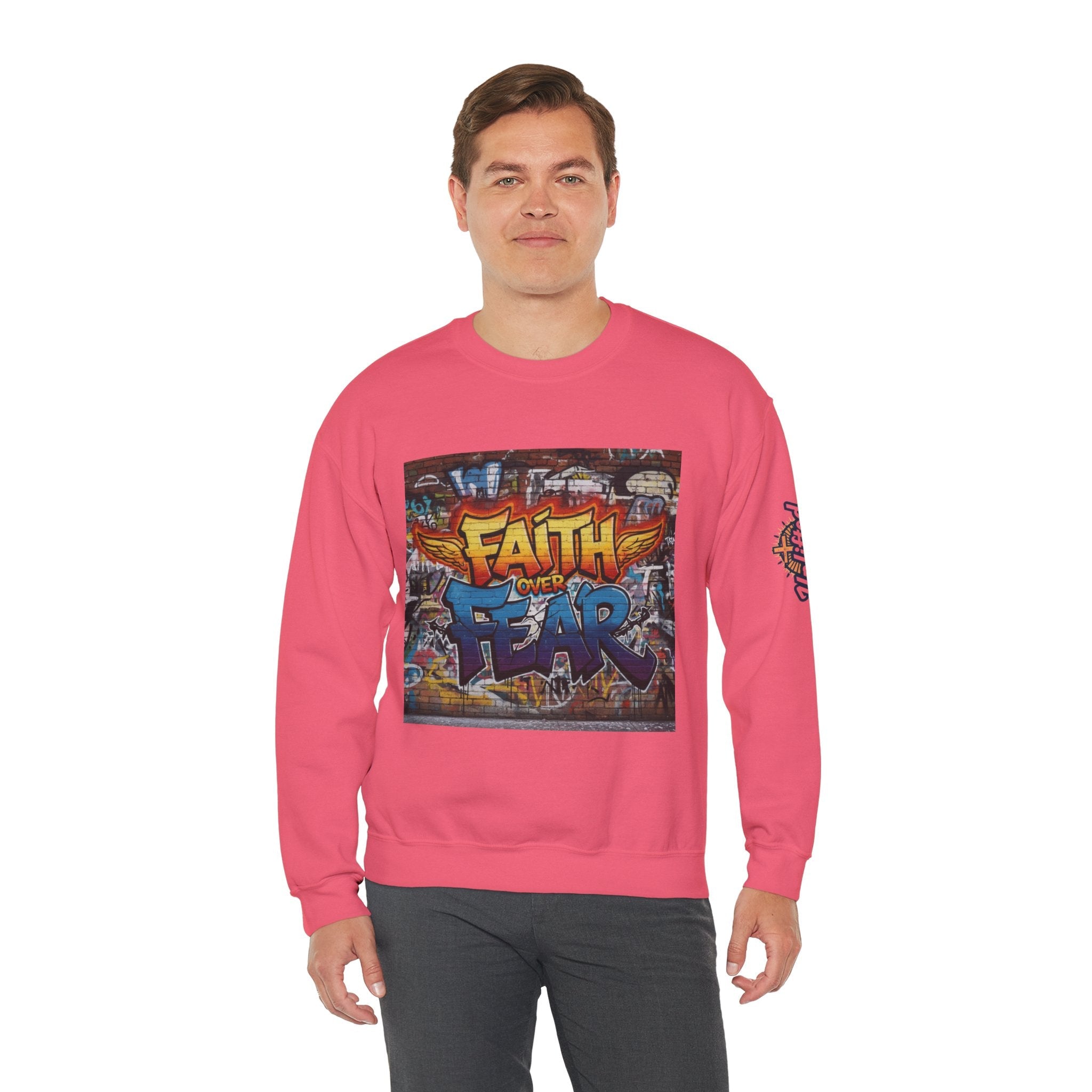 Faith Over Fear Sweatshirt – Graffiti Wall Christian Sweatshirt for Bold 2 Corinthians 5:7 Streetwear & Unshakable Faith Printify