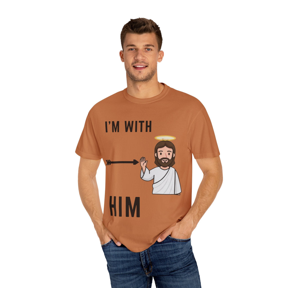 🔥 I’m With Him → Christian T-Shirt | Arrow Pointing to Jesus | Minimalist Faith Tee | Subtle Cross Design | Bible-Inspired Apparel by Uplifted Gear Printify