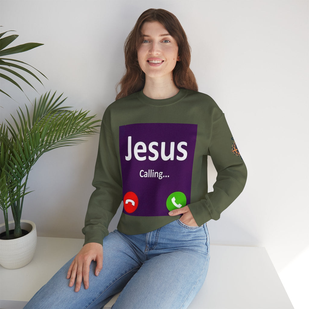 Jesus Calling Sweatshirt – Funny Cell Phone Screen Christian Sweatshirt for Divine Connection & Faith Humor Printify