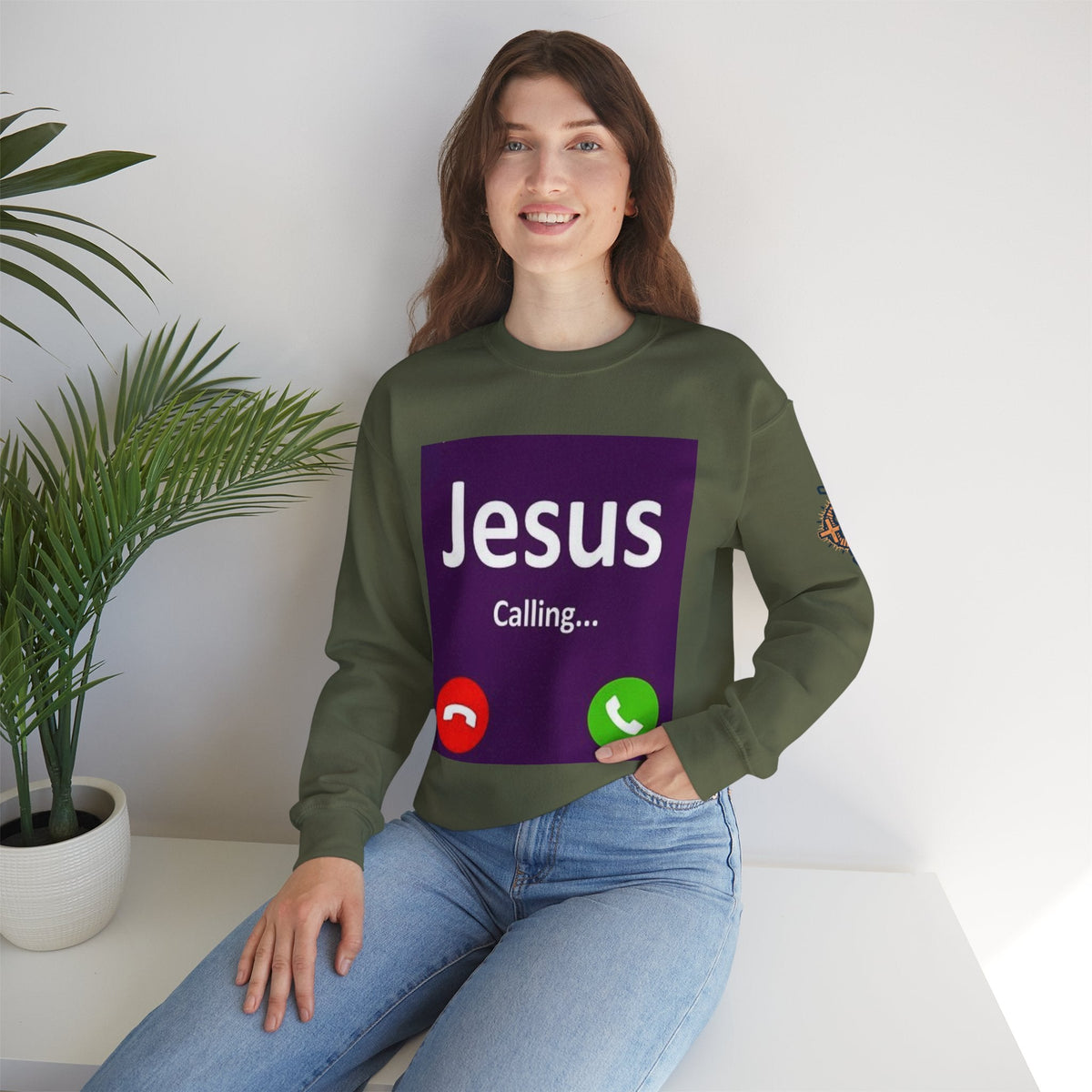 Jesus Calling Sweatshirt – Funny Cell Phone Screen Christian Sweatshirt for Divine Connection & Faith Humor Printify