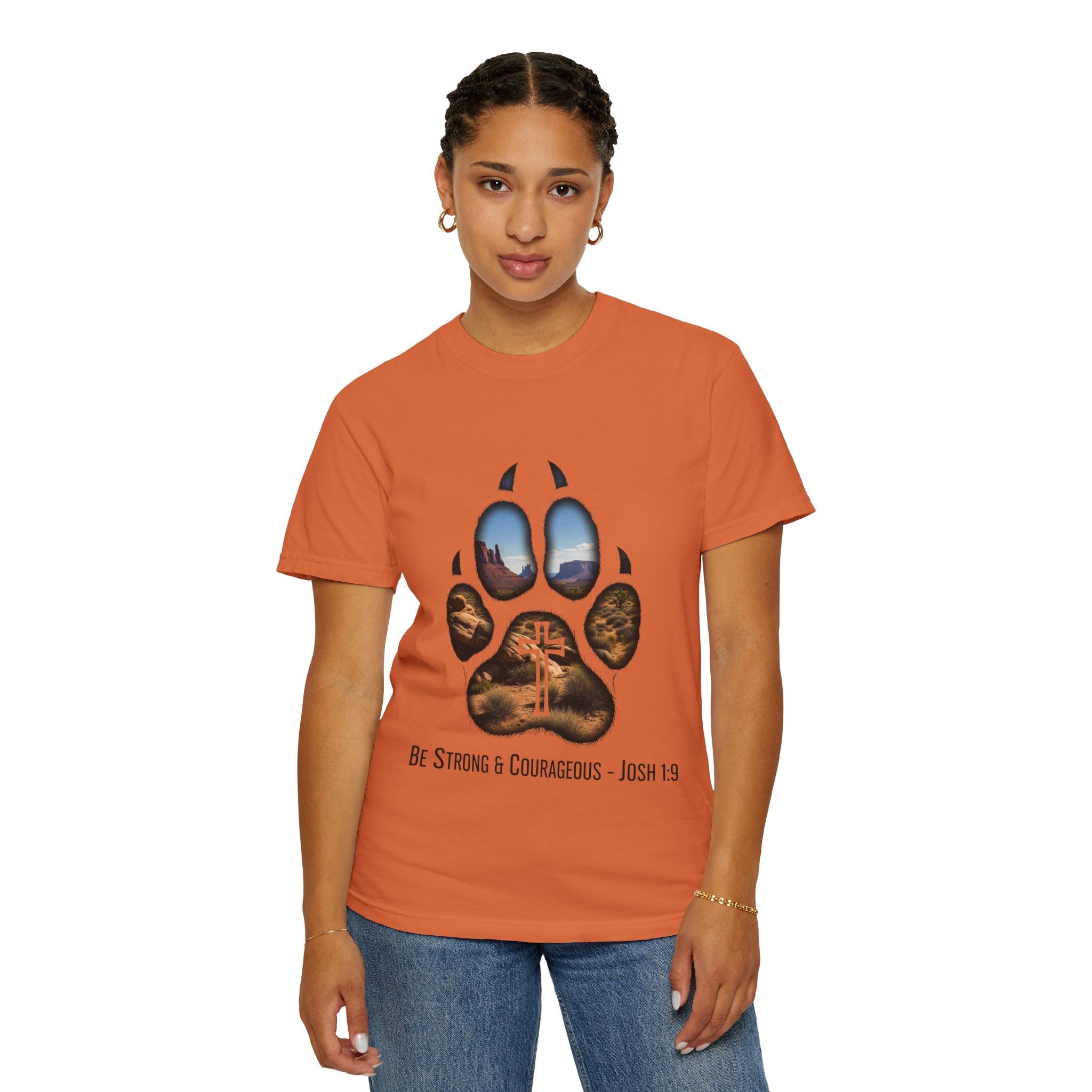 Strong and Courageous T-Shirt – Canine Pawprint Desert Joshua 1:9 Christian Tee Printify