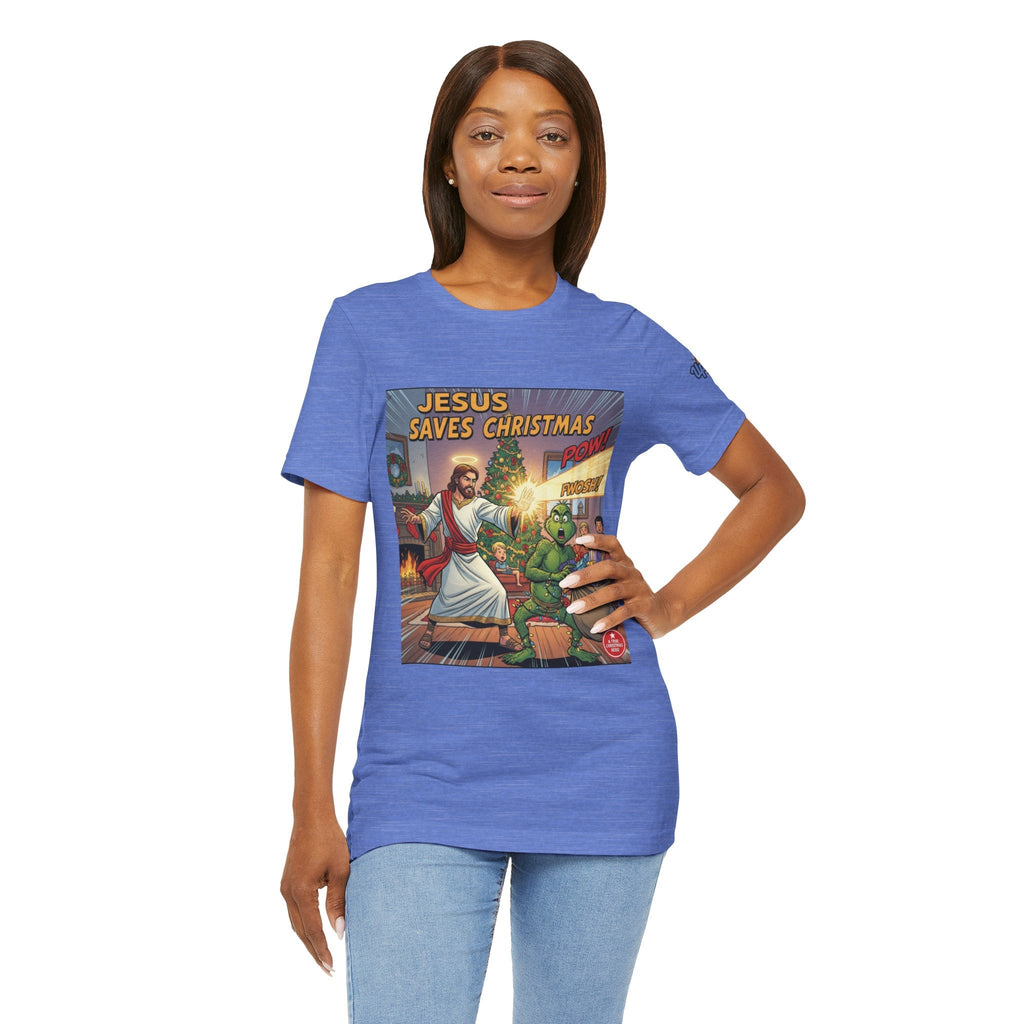 Jesus Saves Christmas T-shirt – Grinch vs Savior Light Battle Christian T-shirt for Hilarious Holiday Faith & True Joy Printify