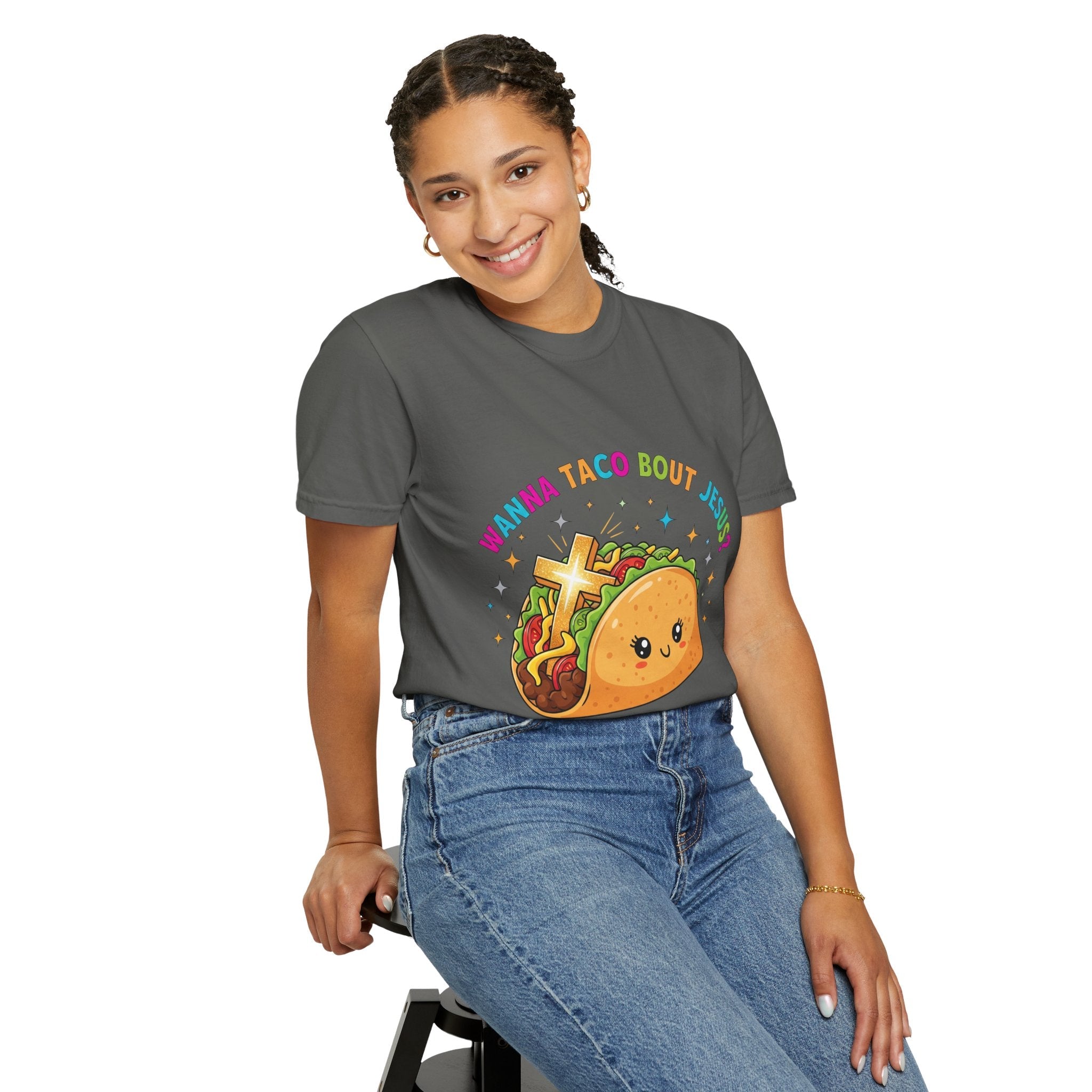 Wanna Taco 'Bout Jesus? Funny Christian Pun T-Shirt – Lettuce Pray & Share Faith! Printify