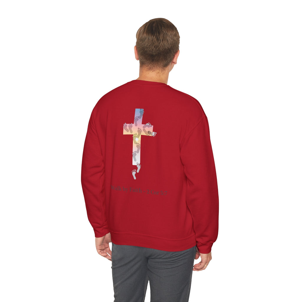 Walk by Faith Sweatshirt – Cross & Footprints Christian Sweatshirt for Cozy Inspiration Printify